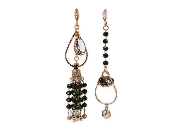 Asymmetric teardrop and beaded tassel statement earrings