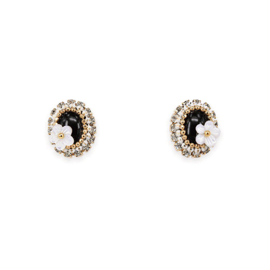 Round jet jem studs with floral pearl