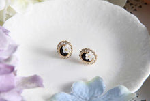 Round jet jem studs with floral pearl