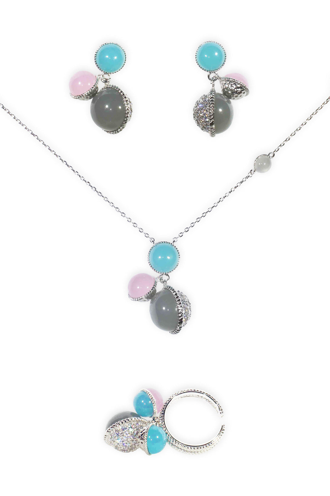Fun Set Pink, Tiffany Blue and Black Pearl Studs in Silver Plating (Earrings, Necklace, Ring)
