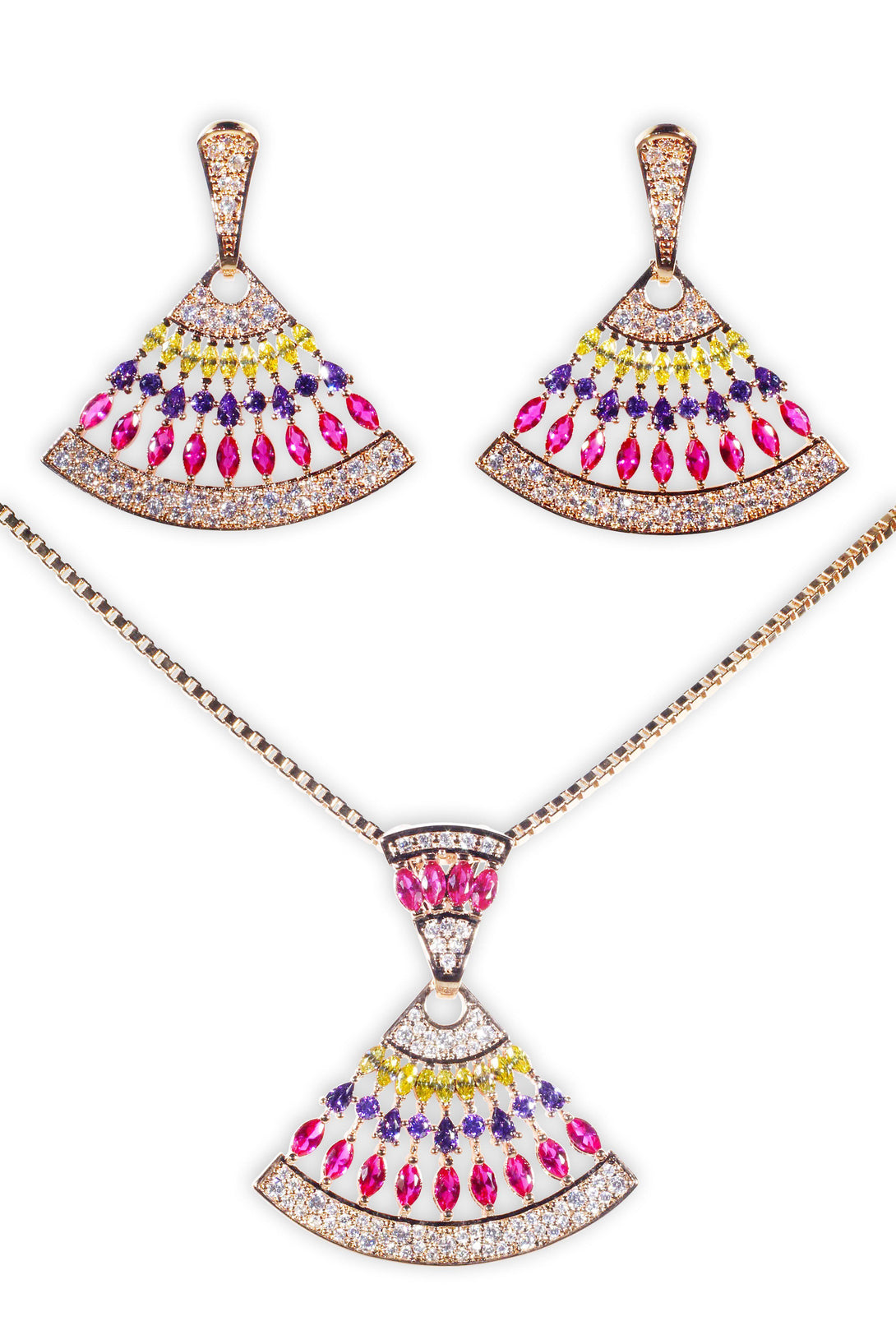 Sparkle Set Yellow, Purple and Fuchsia Crystal Drops in Gold Plating (Earrings, Necklace)