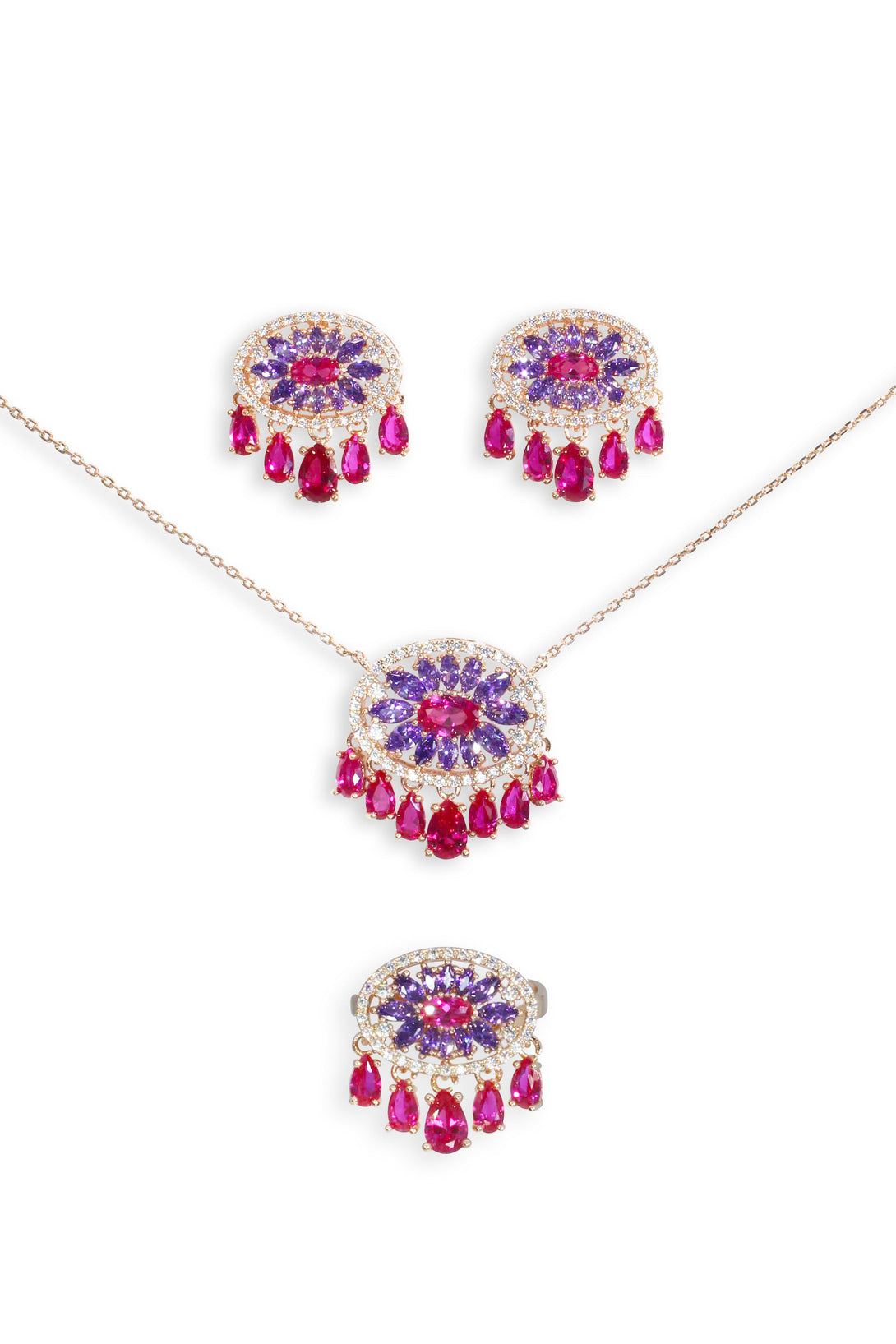 Sparkle Set Enhanced Fuchsia and Purple Crystal Abstract in Gold Plating (Earrings, Necklace, Ring)