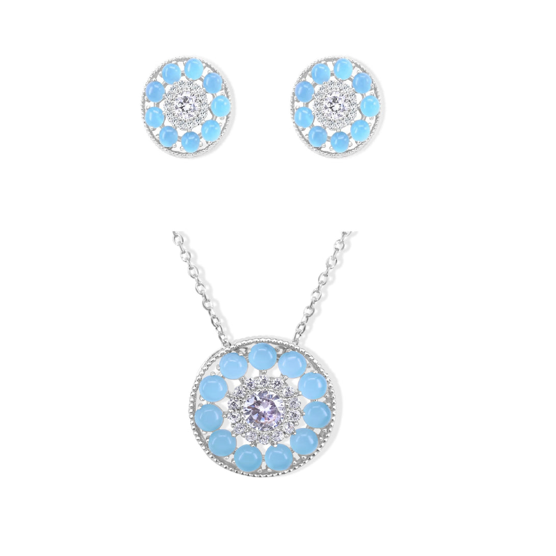 Cuteness Set Blue Crystal Studs in Sterling Silver (Earrings, Necklace)