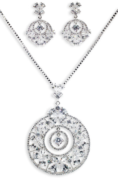 Noble Set Classic Flower Statement with Crystal in Sterling Silver (Earrings, Necklace)