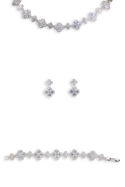 Cuteness Set Flower Statement Crystal Drops in Sterling Silver (Earring, Necklace, Bracelet)