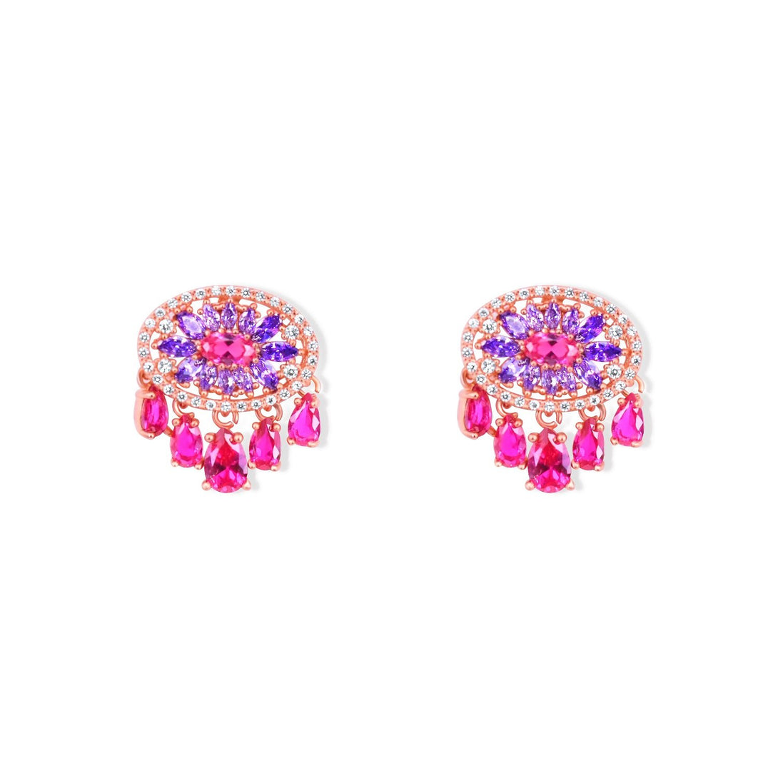 Sparkle Set Enhanced Fuchsia and Purple Crystal Abstract in Gold Plating Earrings