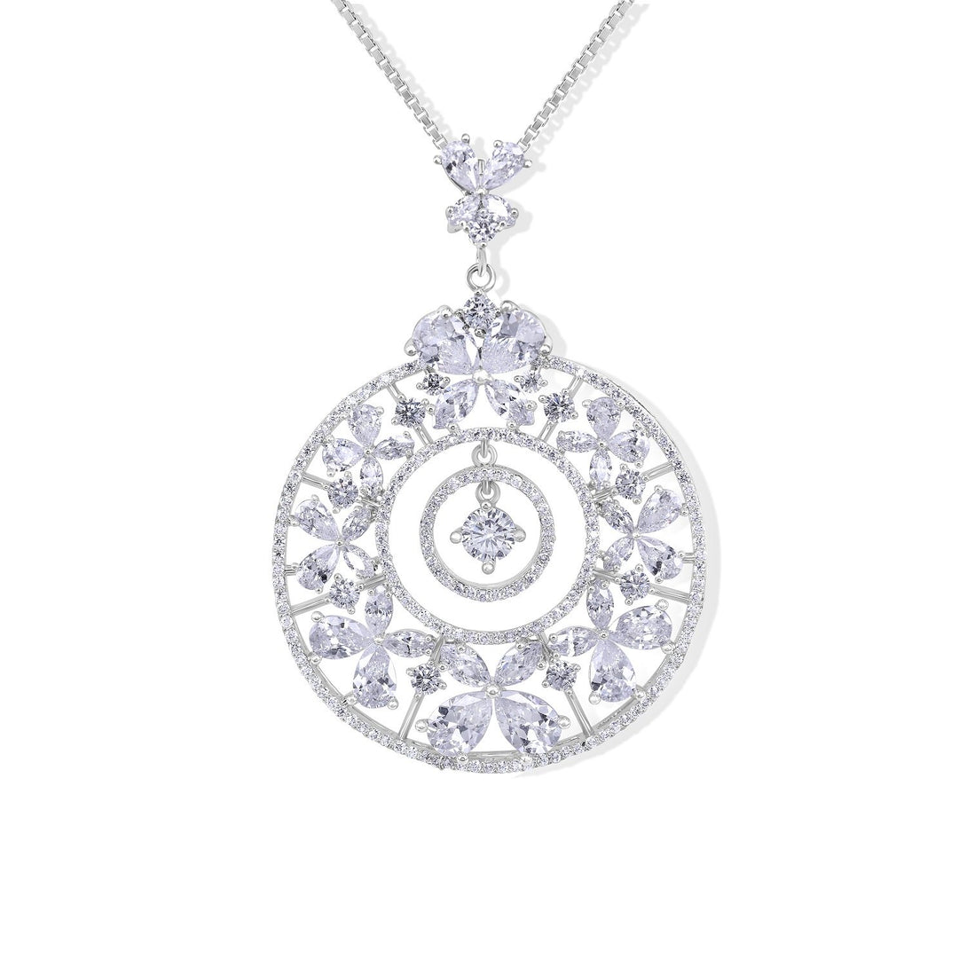 Noble Set Classic Flower Statement with Crystal in Sterling Silver Necklace