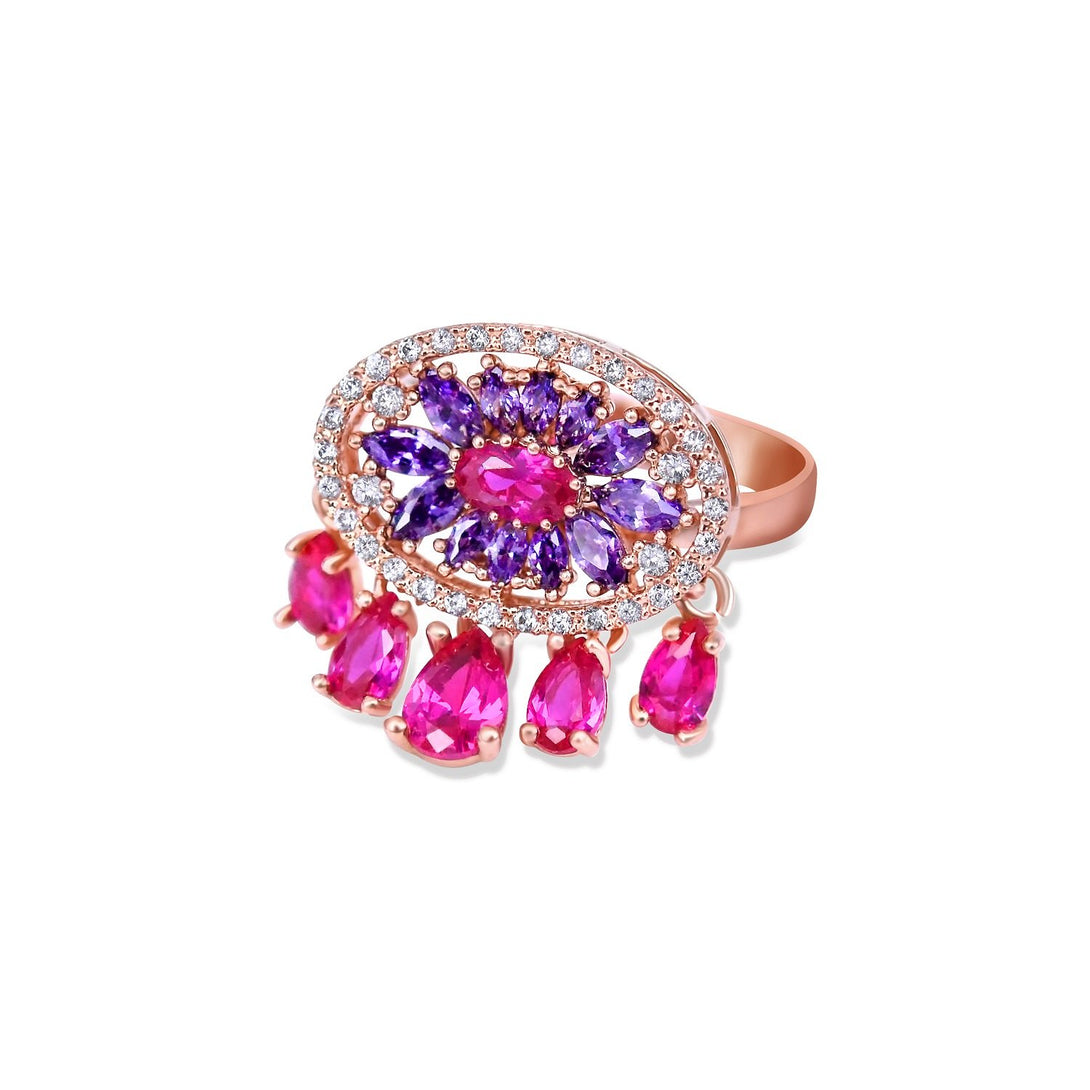 Sparkle Set Enhanced Fuchsia and Purple Crystal Abstract in Gold Plating Ring